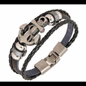 New Black Leather Anchor Wrap Bracelet AB1